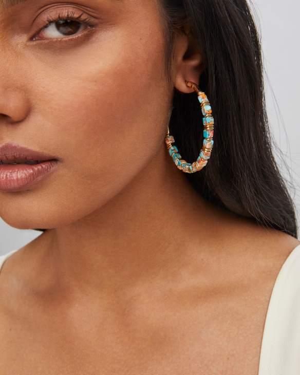 Ember Gold Hoop Earrings in Bronze Veined Turquoise Magnesite Red Oyster